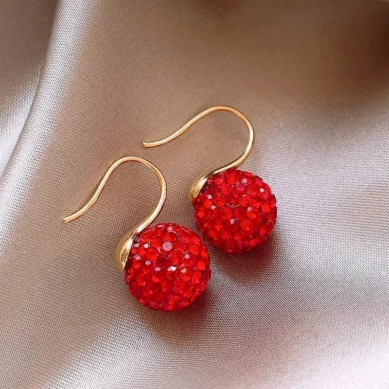 气质圆球超闪耳环女2025新款耳钉红色过年耳饰高级感轻奢日常百搭
