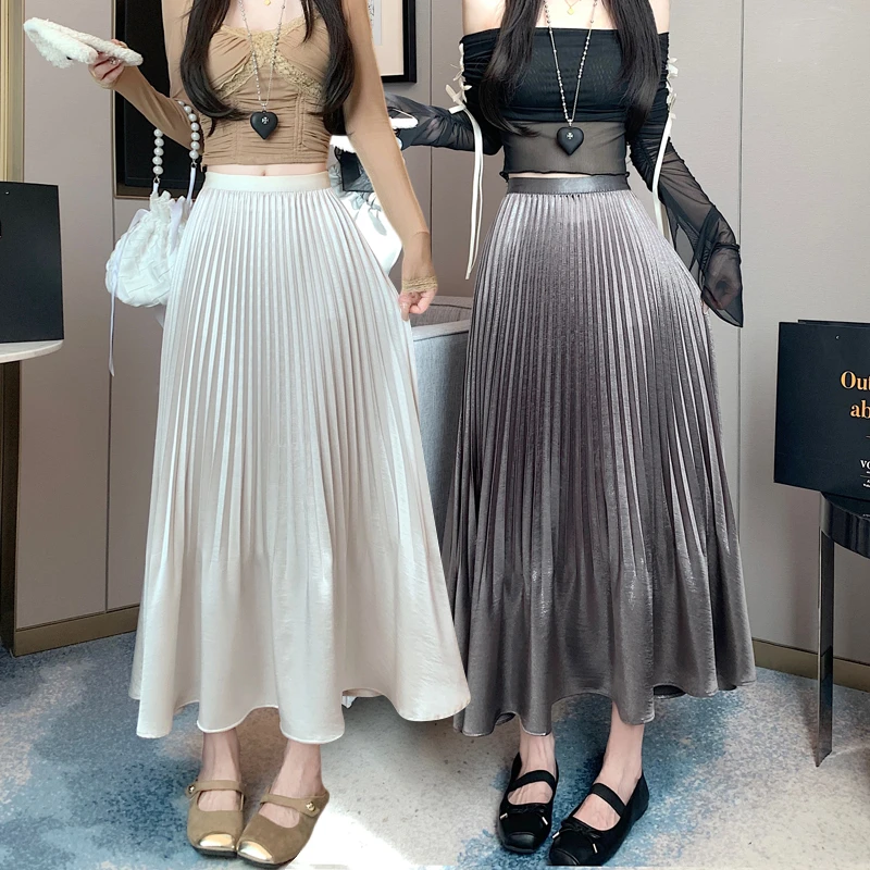 银光闪闪静奢风百褶裙大摆裙荷叶边半身裙2025春夏季新款百褶长裙