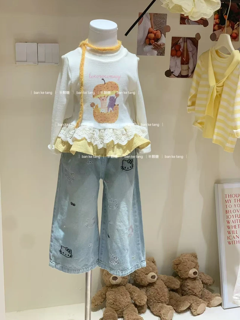 女童秋季卡通蕾丝花边上衣2025秋装新款韩版童装女宝宝洋气长袖