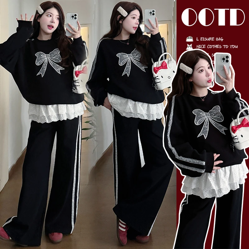 孕妇装秋季套装2025新款韩版蕾丝刺绣孕妇卫衣加绒秋冬季孕妇裤子