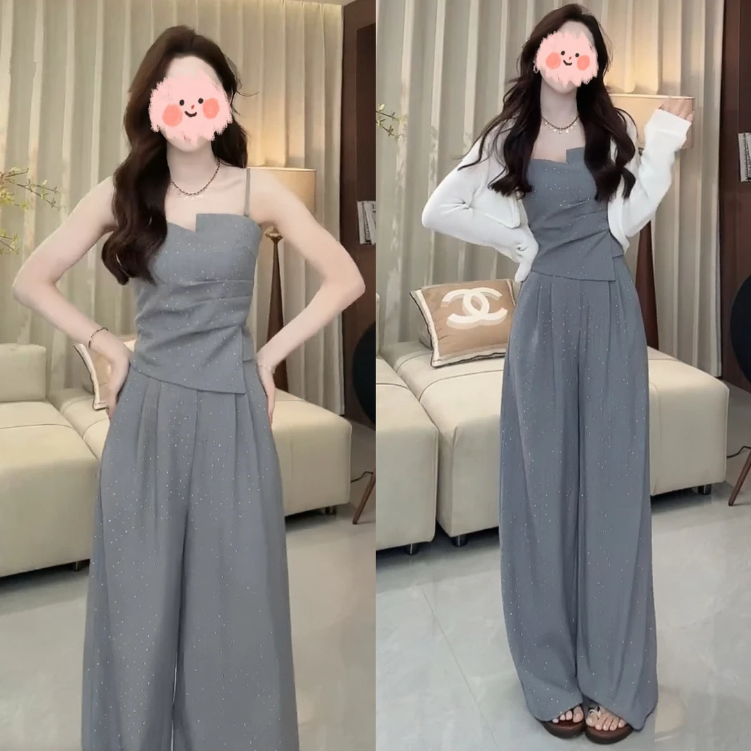 2025夏季时尚洋气满钻爆闪吊带上衣显瘦百搭阔腿裤套装洋气衣服女