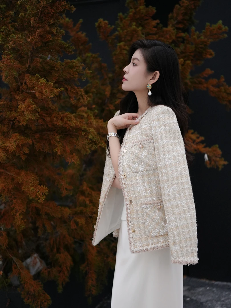 ANGELIAORIGINAL鎏金梦境 珠片粗花呢法式垫肩秋小香风外套#1045