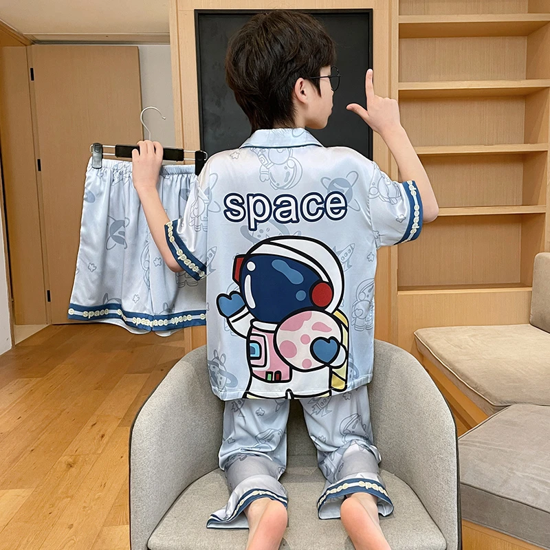 儿童睡衣冰丝夏季新款男童短袖薄款中大童12岁男孩亲子家居服直播