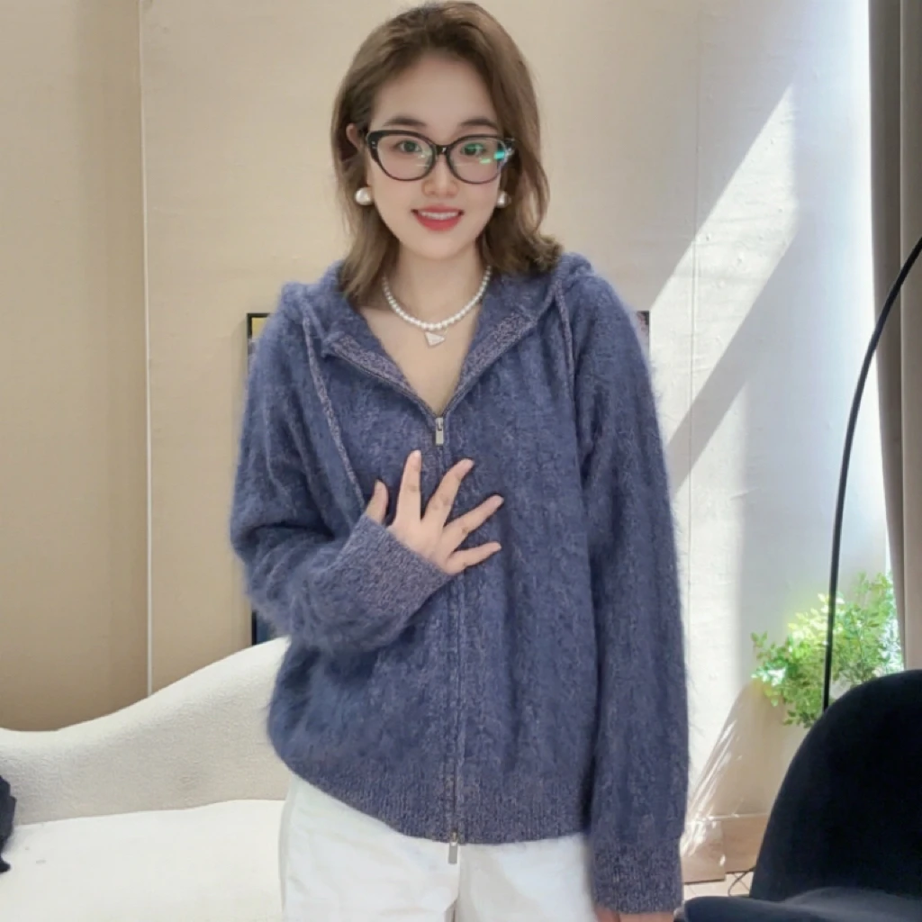 山羊绒拉绒连帽开衫女秋冬宽松显瘦加厚拉链针织毛衣外套