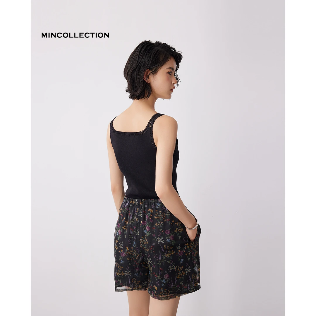 DE Mincollection花卉短裤/真丝欧根纱花卉拼色松紧腰短裤55024
