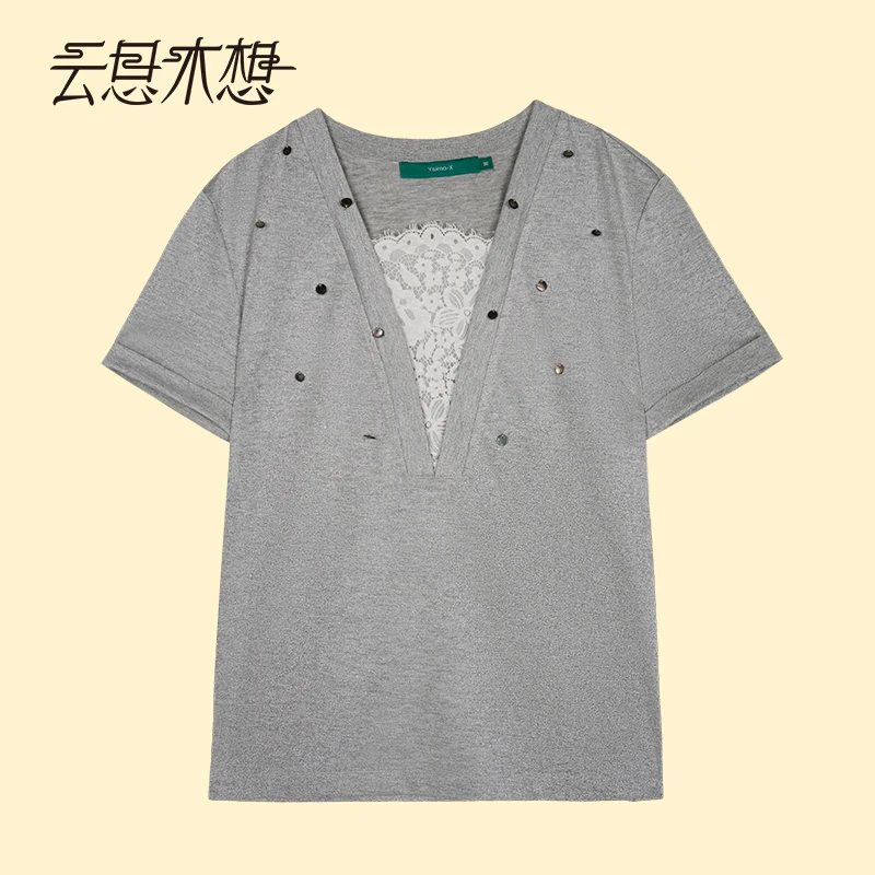 Ysimo-X云思木想 诗蕊软烟 领口拼接蕾丝假两件T恤12980