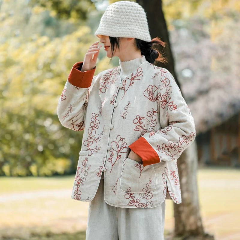 （复古绕花刺绣棉服）9530秋冬新中式文艺气质V领包扣百搭棉衣G
