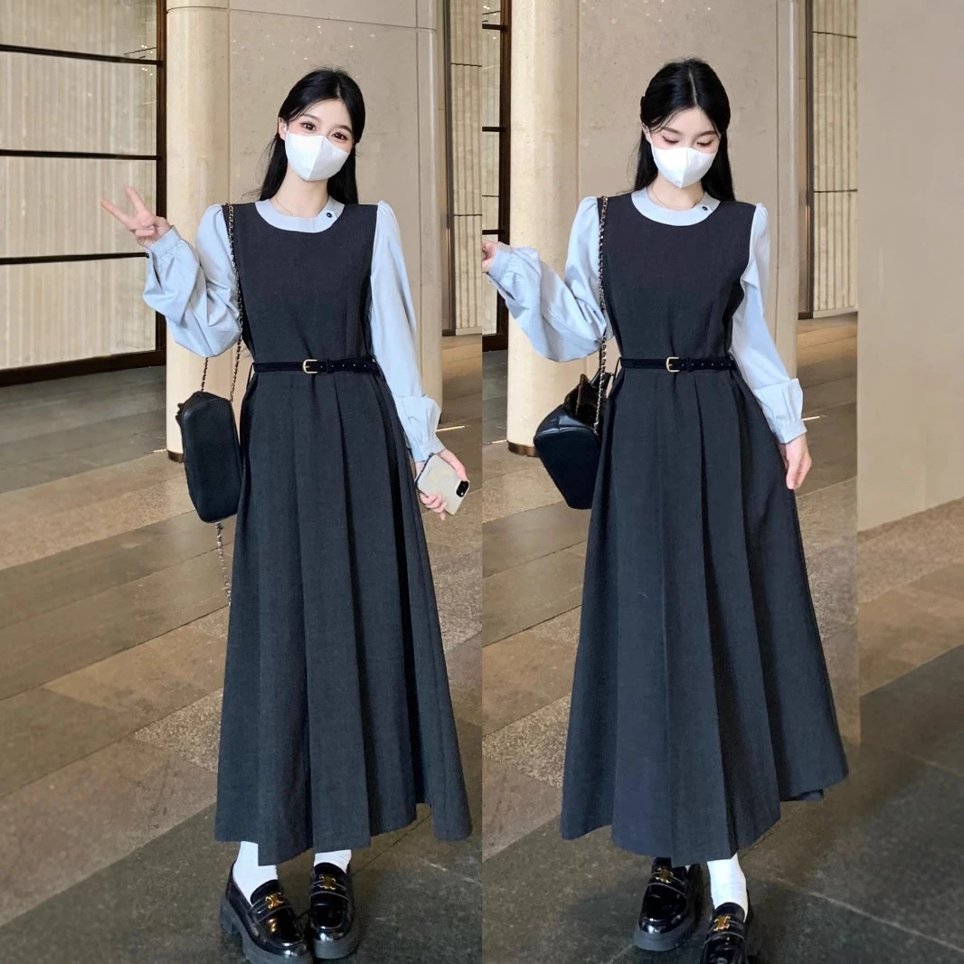 大码胖法式假两件长袖连衣裙女秋冬显瘦韩系氛围感穿搭长裙