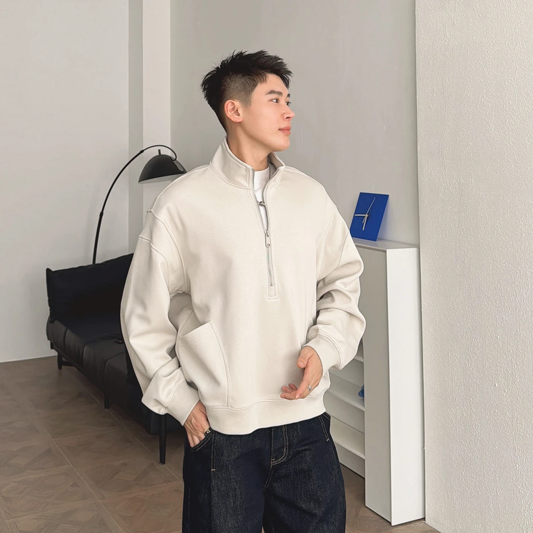 渣渣鹿重磅半拉链解构男士卫衣美式潮牌宽松休闲落肩春秋季上衣服