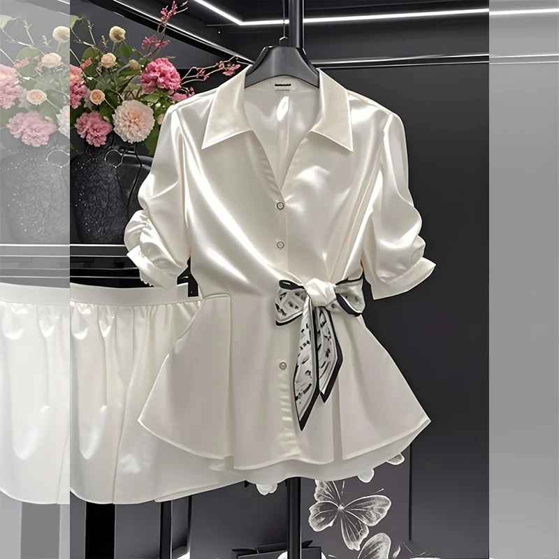 白色衬衫女夏季新款超好看百搭设计感蝴蝶结泡泡袖五分袖短袖上衣