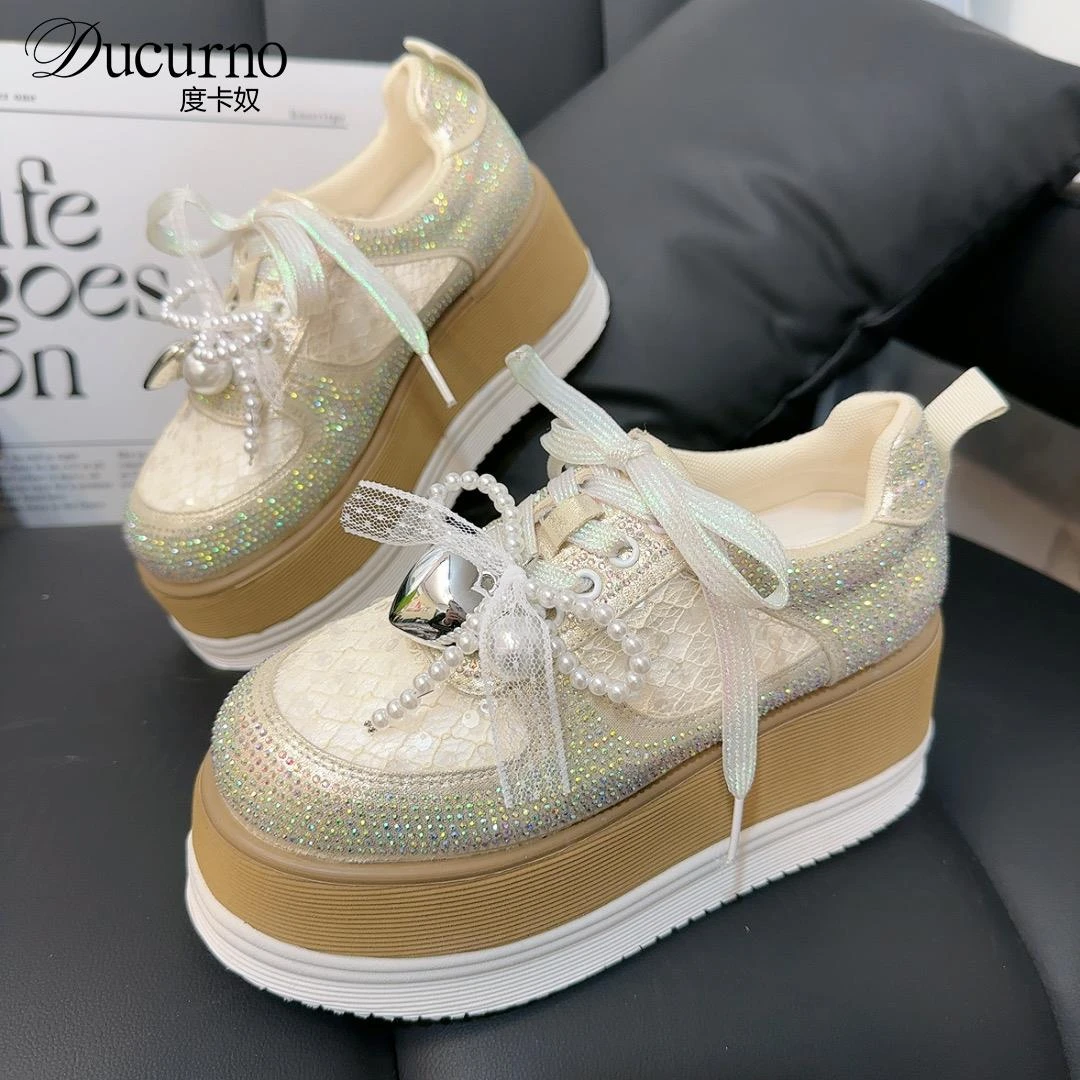 夏季重工欧根纱水钻厚底松糕鞋女ins潮小个子增高面包网鞋老爹鞋