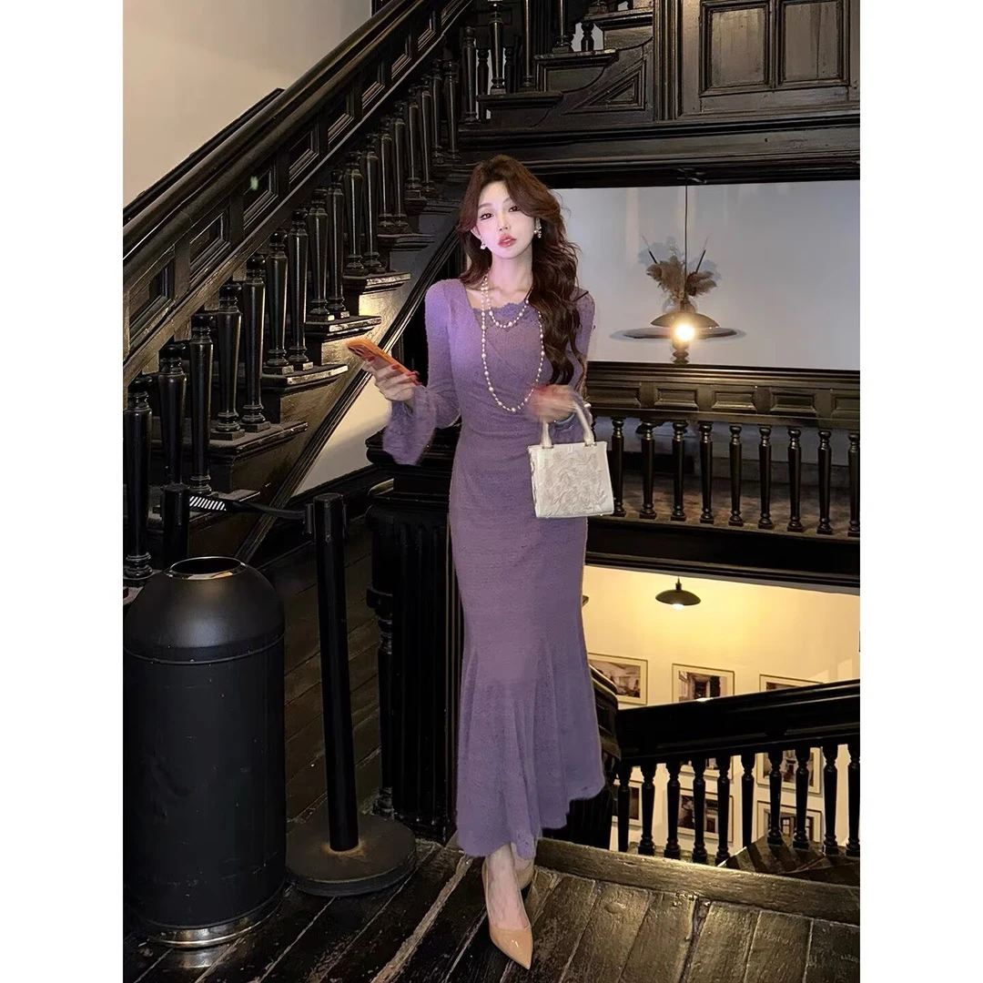 溪溪靓衫禾恋空国风新中式紫杏色蕾丝裙温婉优雅修身显瘦气质长裙