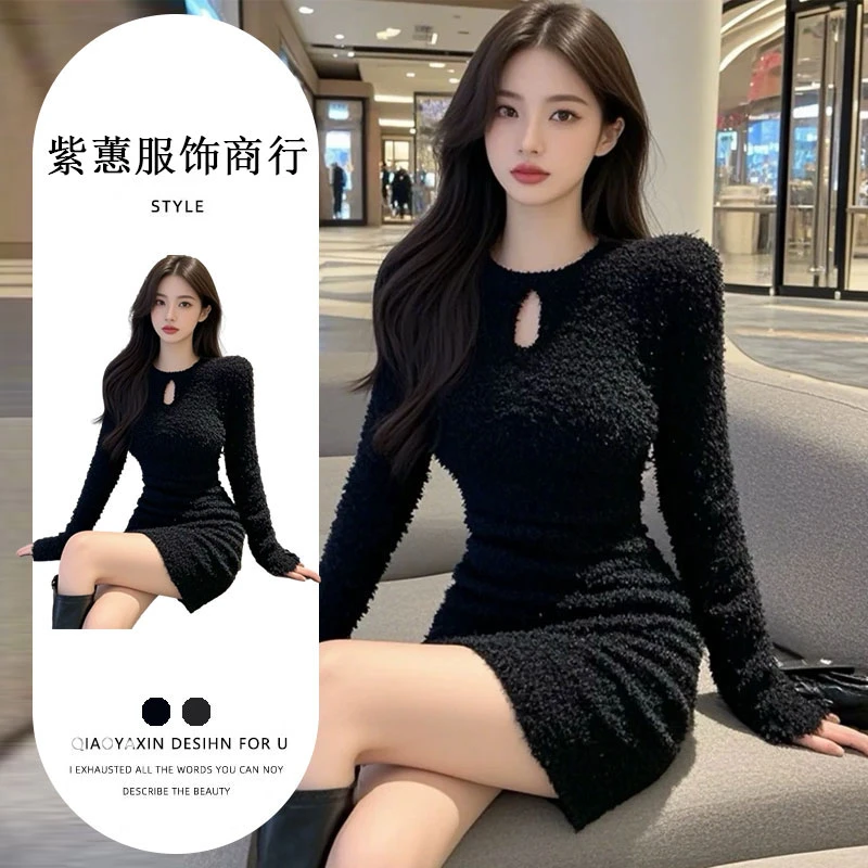 韩系纯欲风氛围感气质黑色炸街修身显瘦连衣裙2025年春秋季新款女