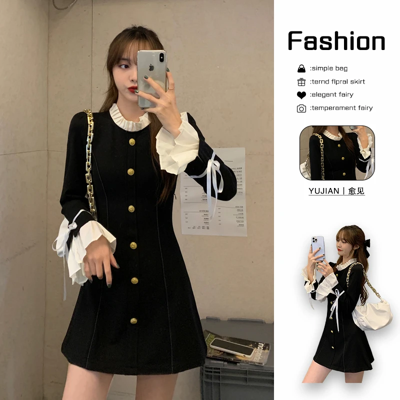 2025新款春秋季法式小香赫本风丝绒长袖连衣裙大码显瘦高级小黑裙