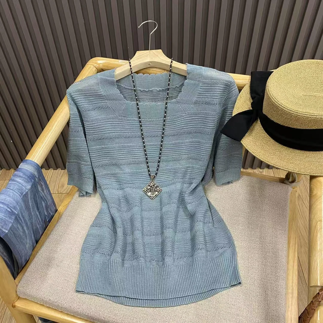 方领花边镂空短袖苎麻针织衫套头纯色百搭宽松上衣女Z9872