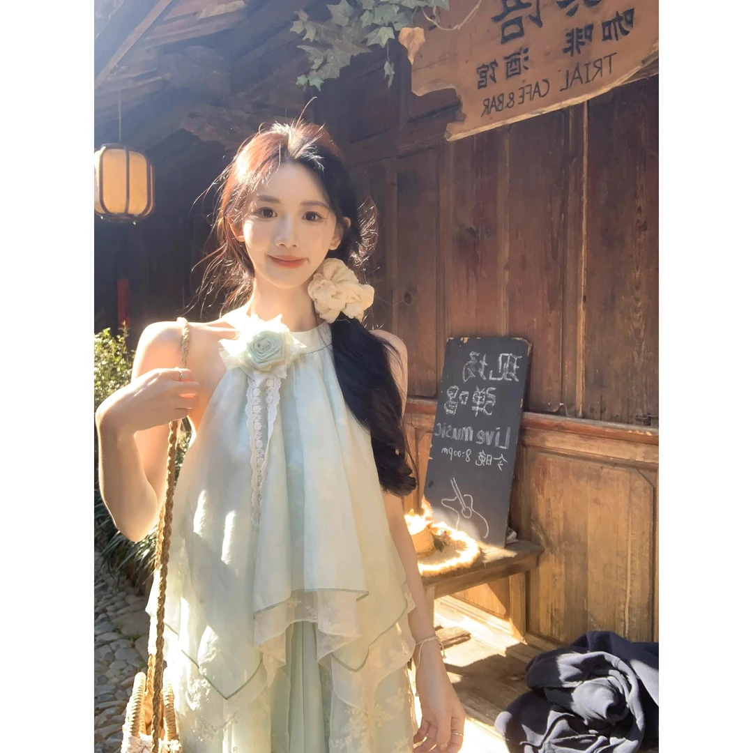 【薄荷夏日间】温柔风甜美无袖挂脖连衣裙女夏季度假穿搭宽松长裙子