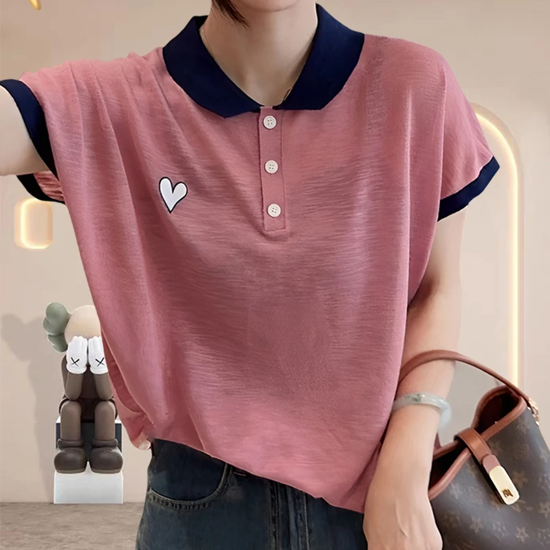 竹节棉夏季休闲polo领短袖T恤女春游出行衣服简约设计感翻领上衣