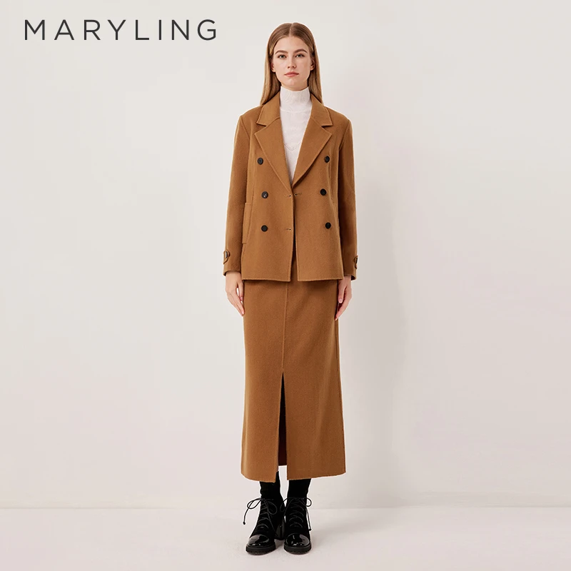 MARYLING玛俪琳2025秋季新品百搭驼色平驳领大衣外套A1FGW90010