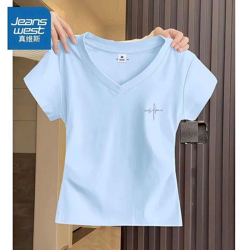 真维斯v领短袖t恤女夏季正肩上衣女夏日穿搭音乐节穿搭贵气感穿搭