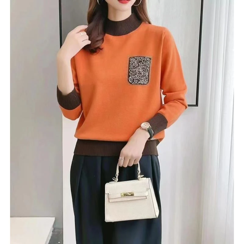 【口袋烫钻拼色爱玛橙】2024新款时尚百搭洋气亲肤显白针织毛衣661