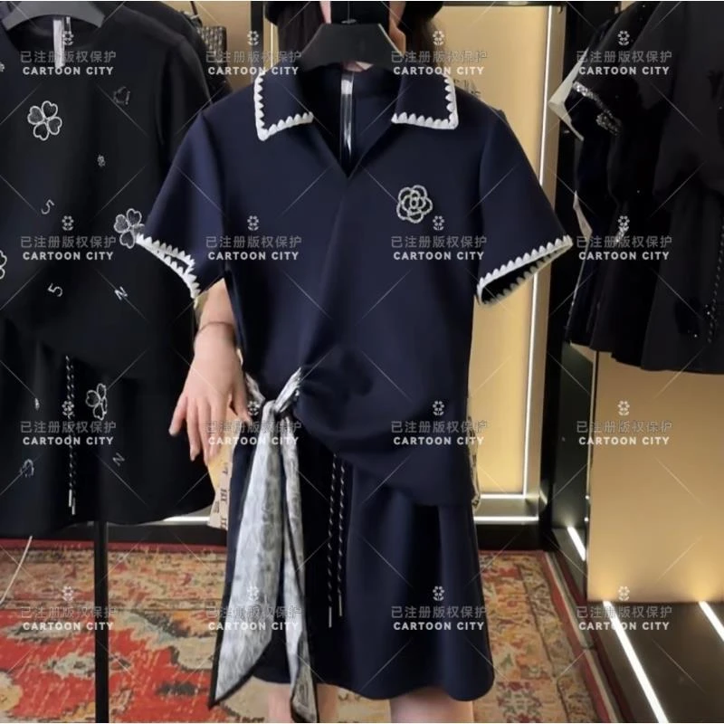 WMA-A343设计师款丨<山茶花系列>宽松版夏季T恤短裙休闲翻领套装