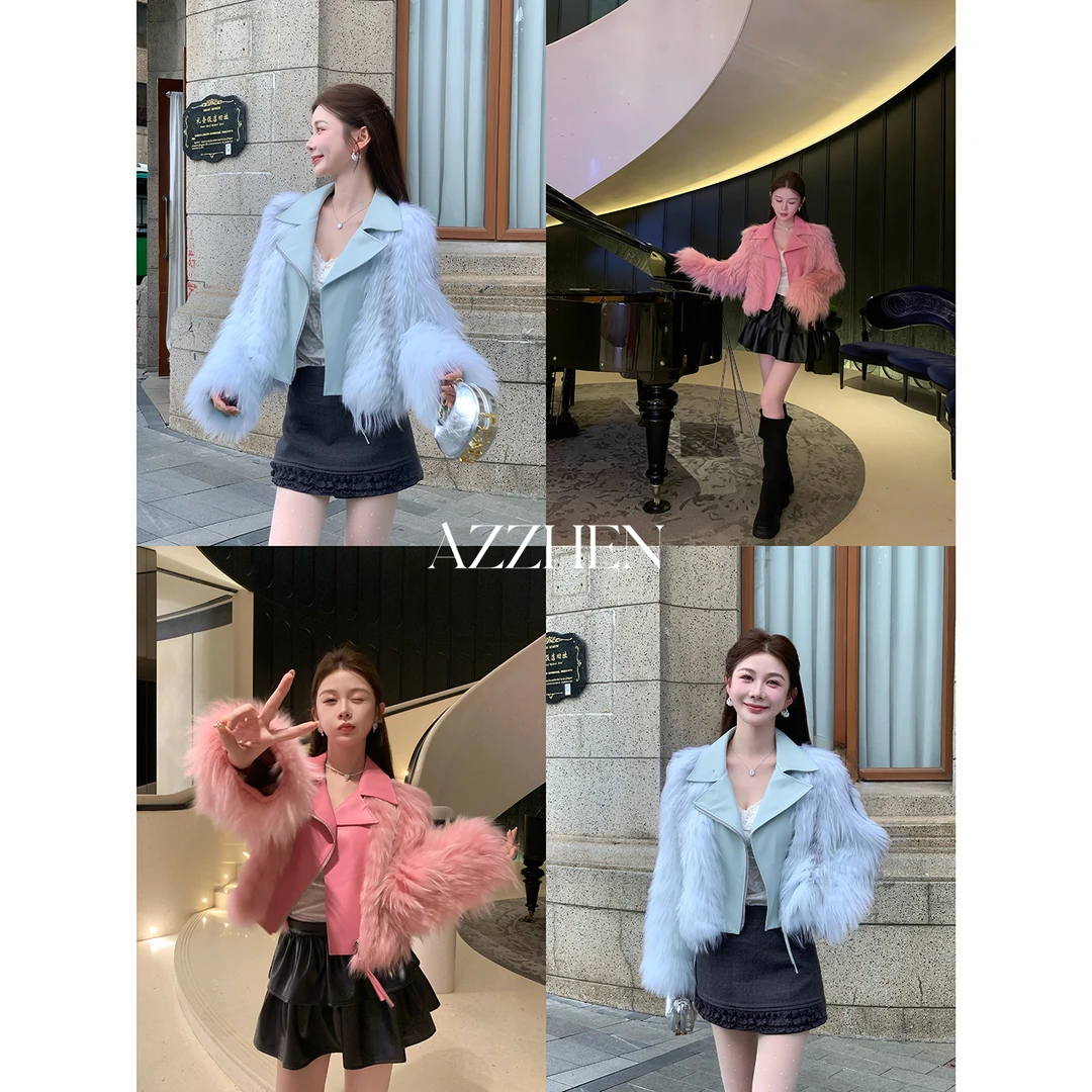（假日穿搭）AZZHEN【甜酷千金】十字狐拼接羊皮酷飒外套AZ4KPW11-00