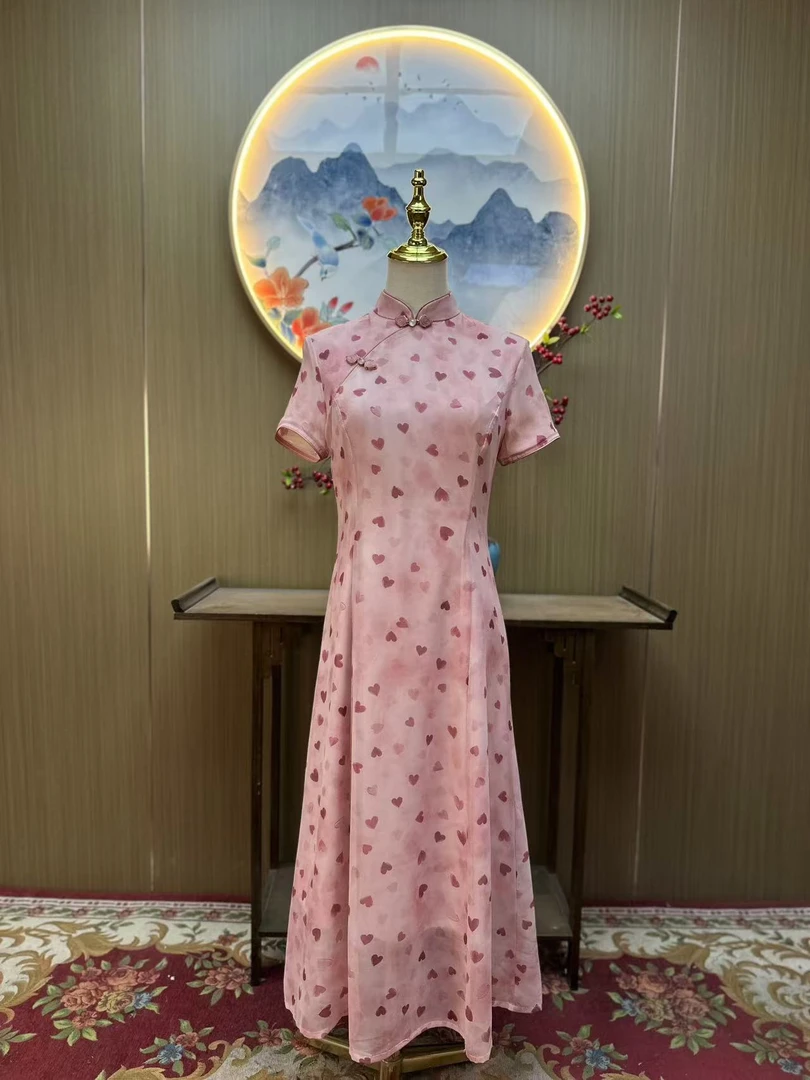 心心相惜 粉 日常气质文艺国风复古优雅奥黛改良长款旗袍