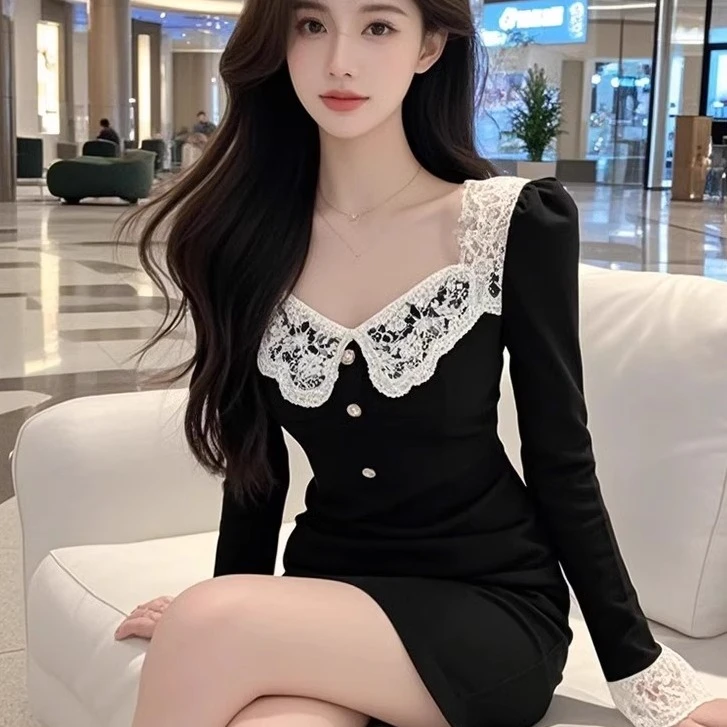 法式甜辣风复古气质连衣裙2025秋冬新款蕾丝拼接修身内搭包臀短裙