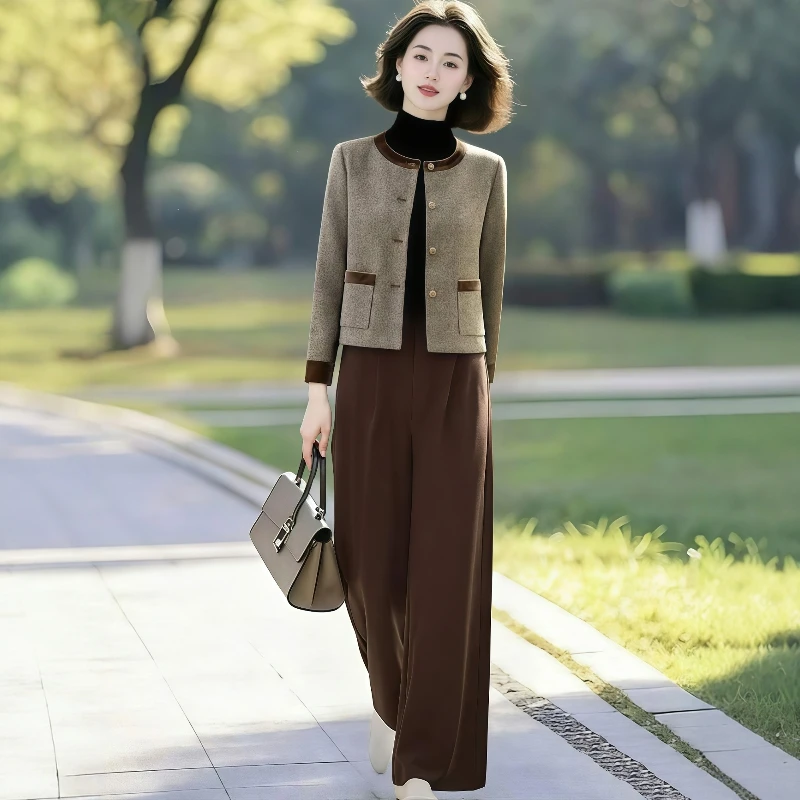 春秋美拉德穿搭高级感撞色外套+阔腿裤盐系轻熟小香风休闲套装女