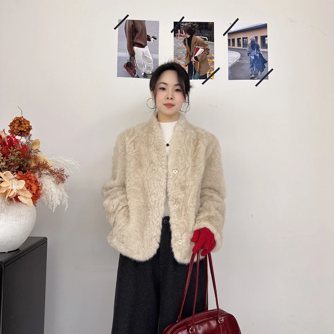 ［环保毛］韩系短款立领毛毛外套女冬季气质加厚保暖