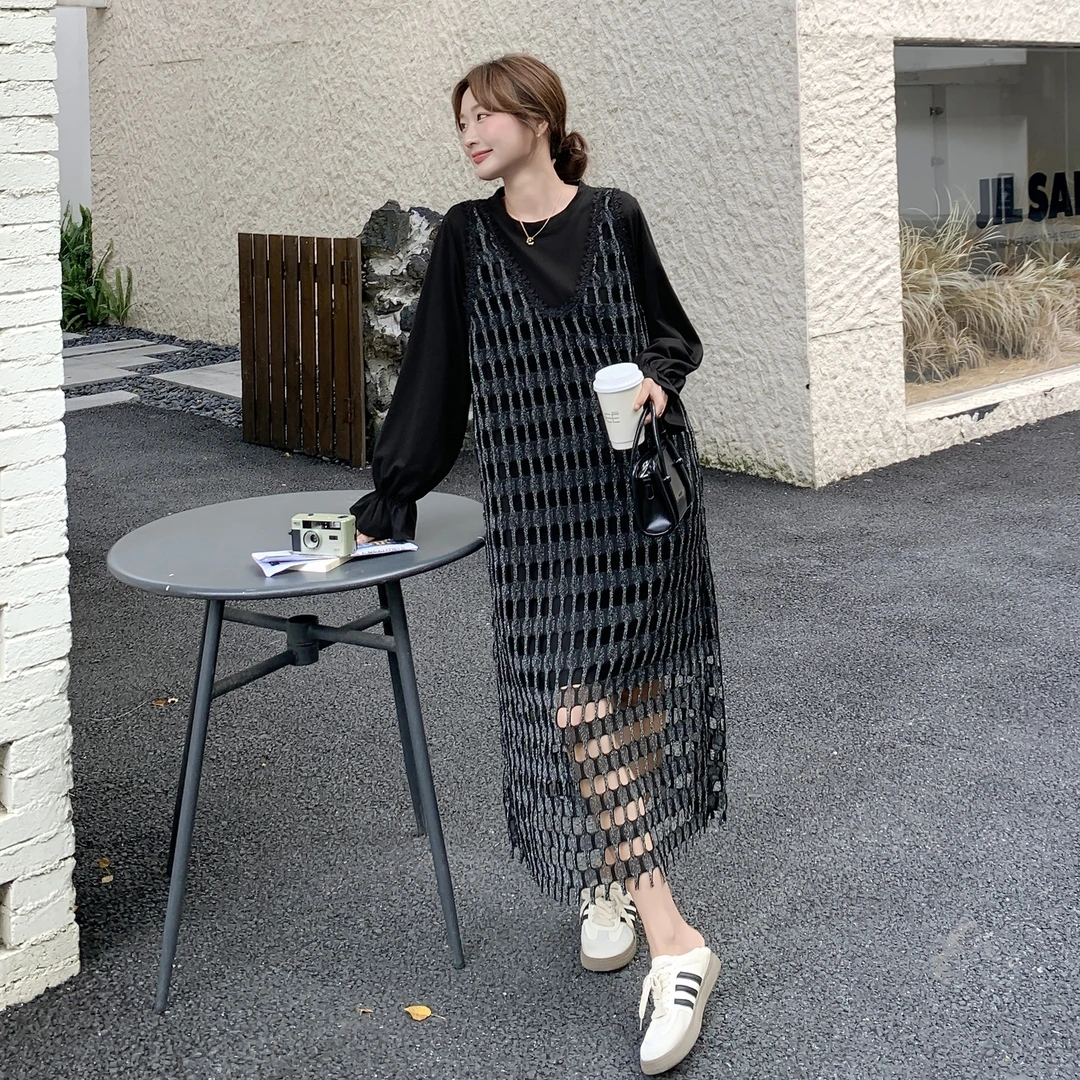 设计感网格镂空罩衫连衣裙套装女2025早秋新款高级时髦气质两件套