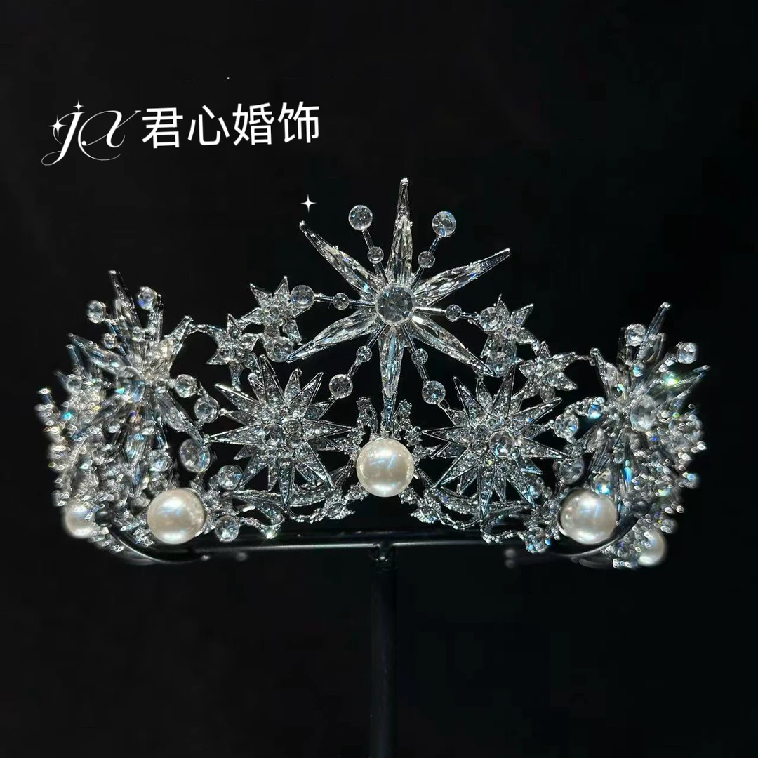 君心家 18095ETE原创韩式雪花珍珠锆石皇冠新娘婚纱头饰甜美王冠
