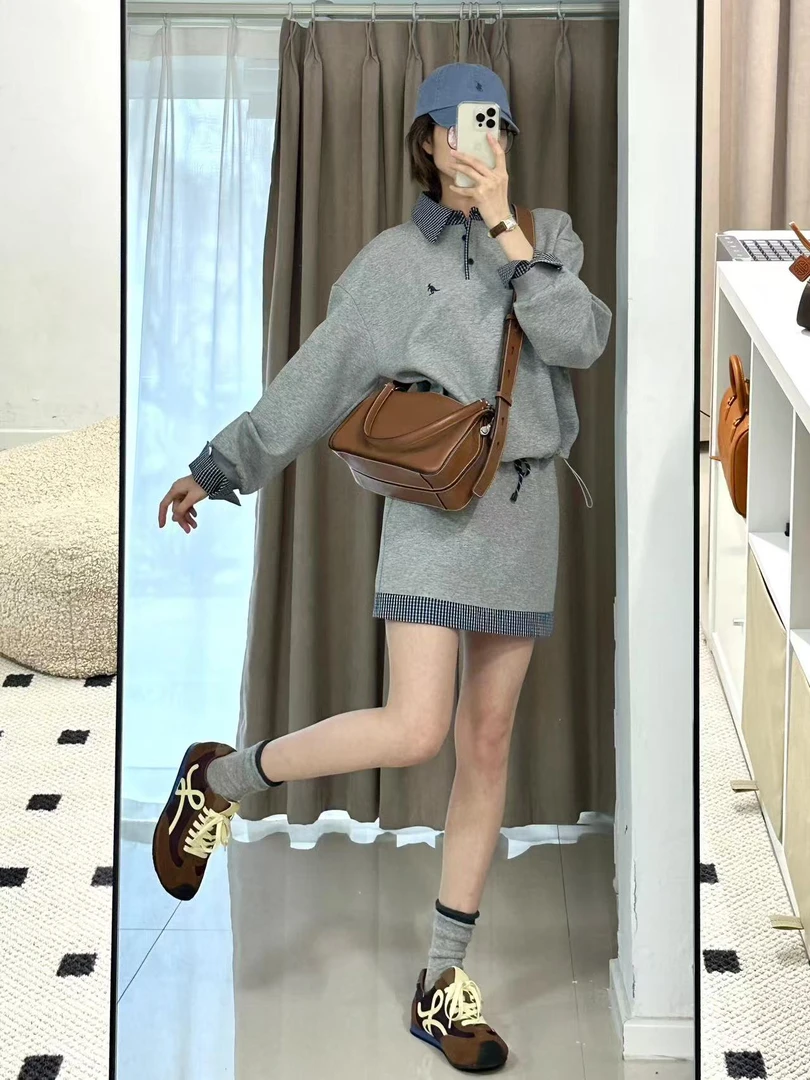 2025春季新款宽松美式长袖卫衣外套休闲a字半身裙灰色运动套装