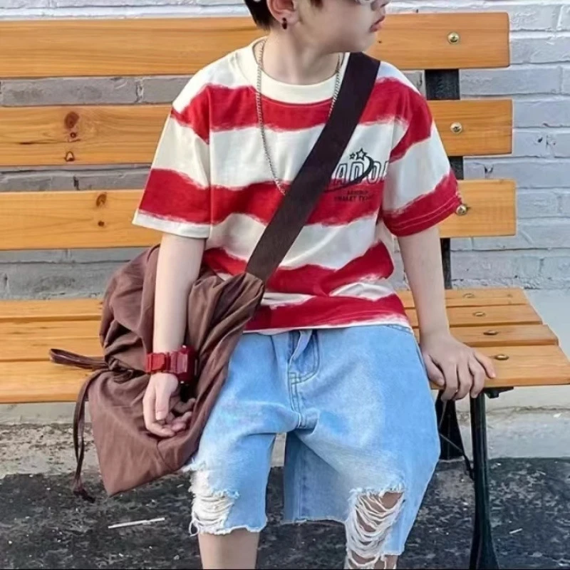 2025纯棉夏装韩版红色波浪条纹潮牌短袖宽松字母印花上衣T恤