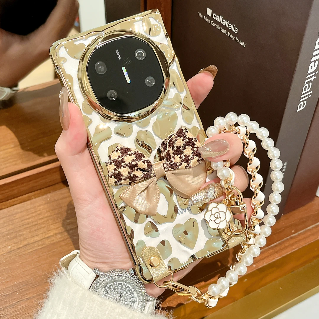 适用华为matex6手机壳电镀皱褶豹纹蝴蝶结Matex5折叠matex3保护套