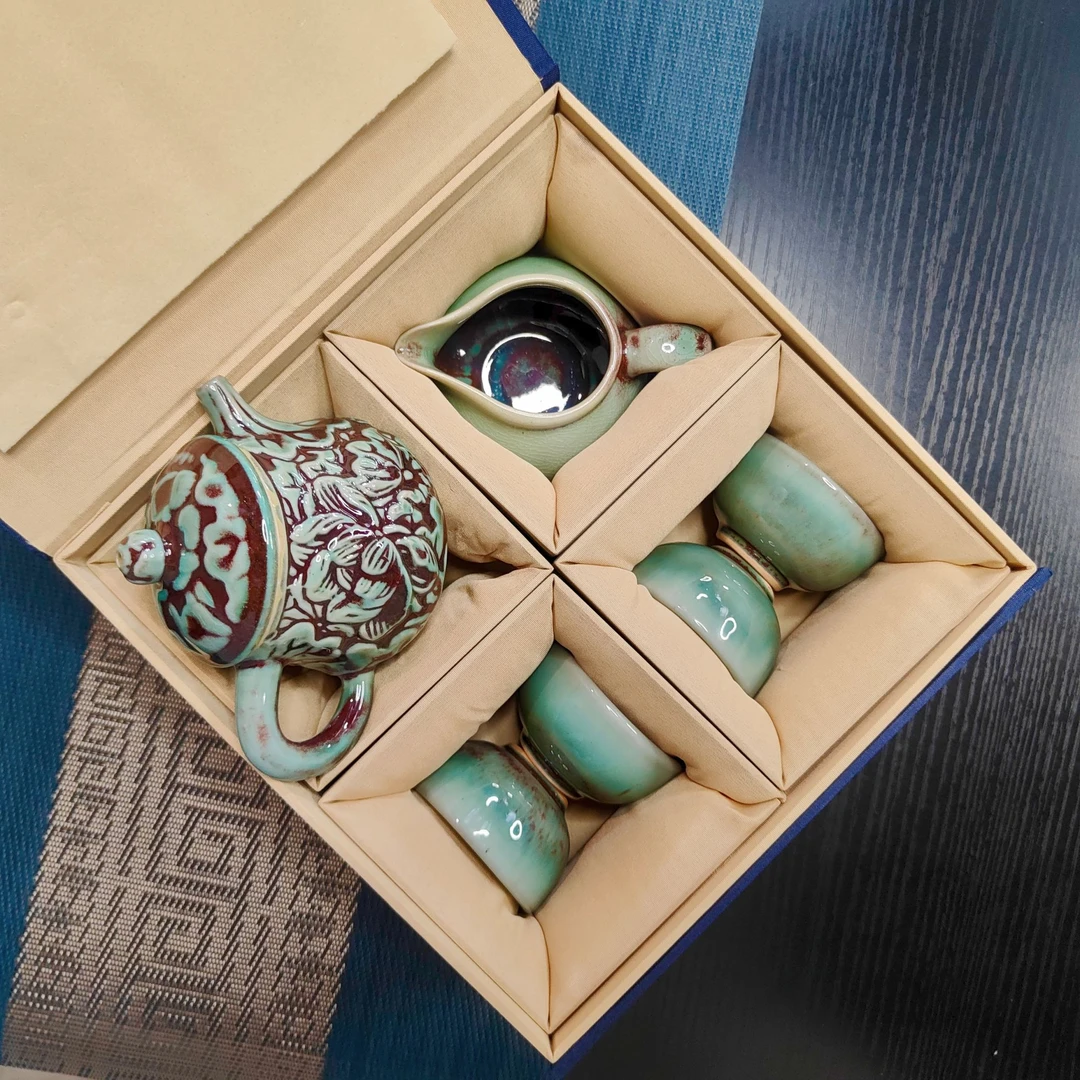 禄麒牙舟陶-回纹荷花壶套装