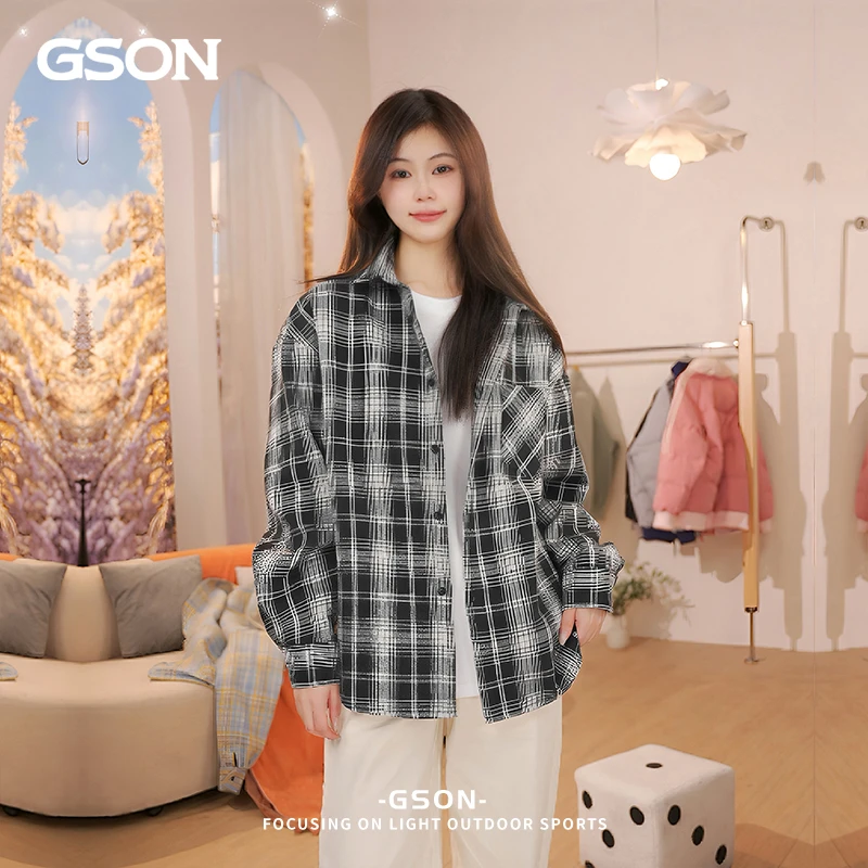 GSON潮牌复古休闲格子衬衫男女款春秋季情侣百搭宽松长袖衬衣外套