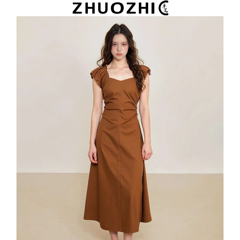 [卓芝]法式高级感小飞袖方领连衣裙2025夏季新款收腰显瘦气质裙子