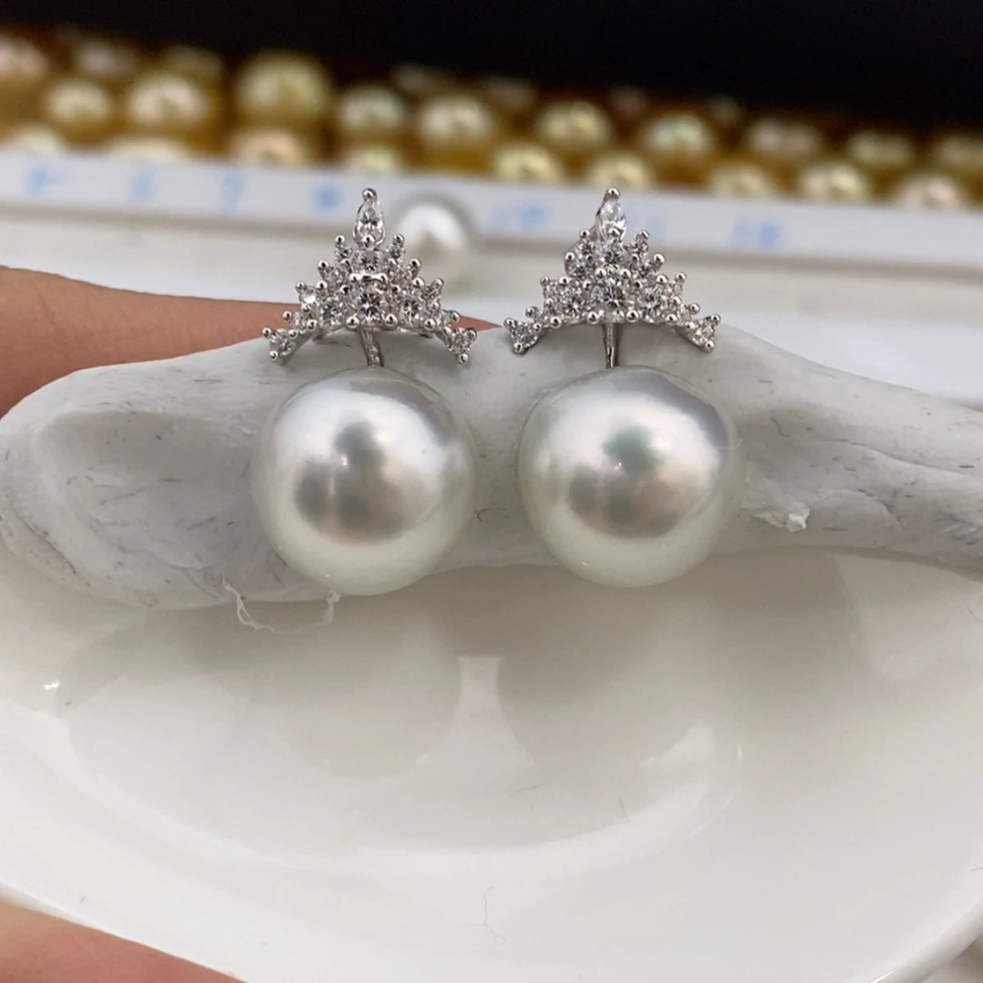 银S925镶嵌裸珠海水珍珠澳白银蓝极强光12.5-12.6