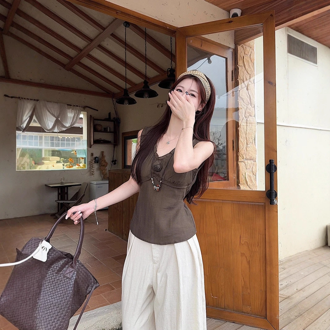 ~ 天丝亚麻花朵背心夏日女上衣+慵懒感弯刀阔腿裤两件套女装