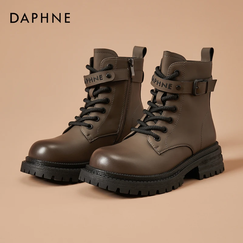 达芙妮厚底马丁靴女春秋新款女鞋时尚百搭英伦风系带短靴复古单靴