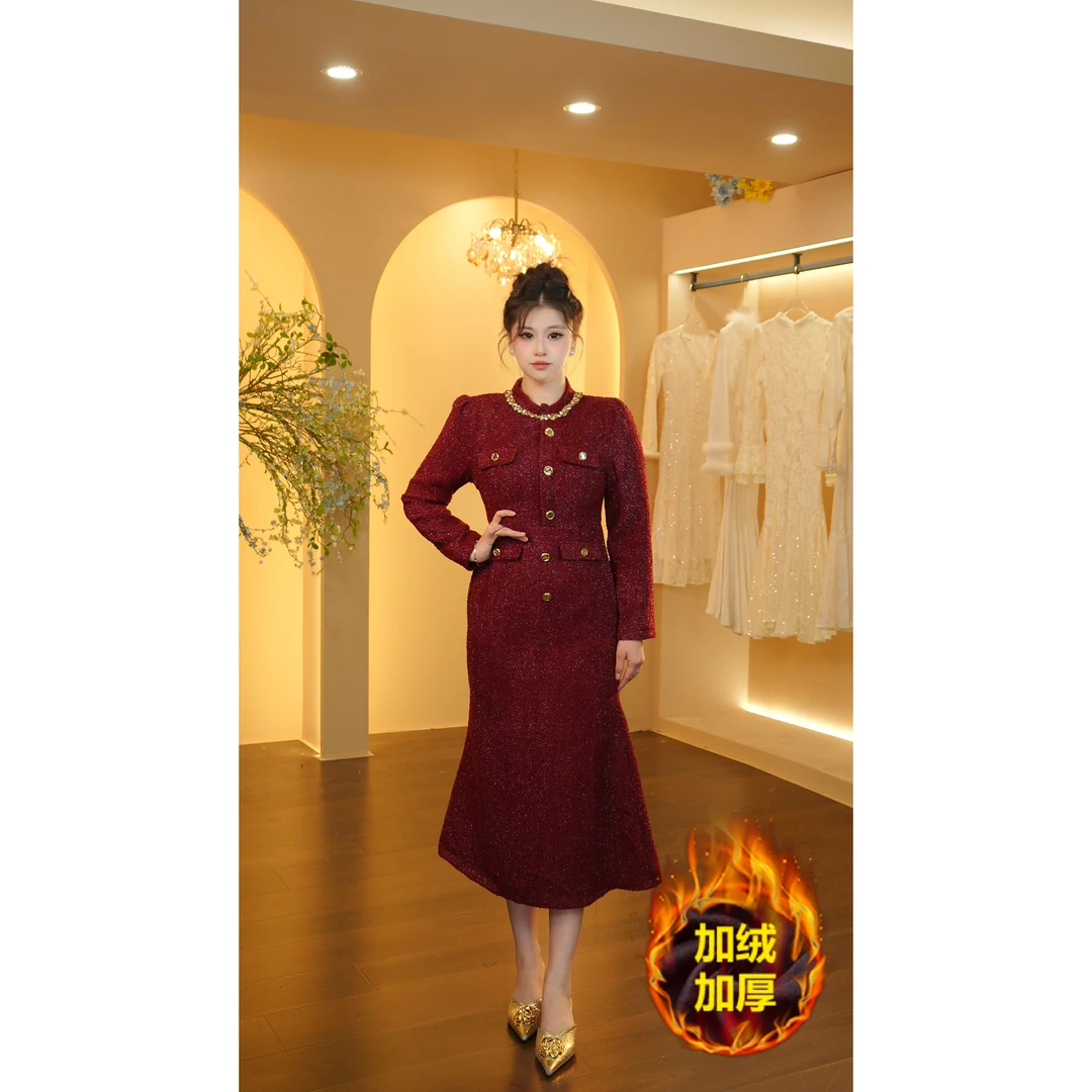 1店-1051【王超越定制】连衣裙秋冬季加厚高腰修身DMYQ579