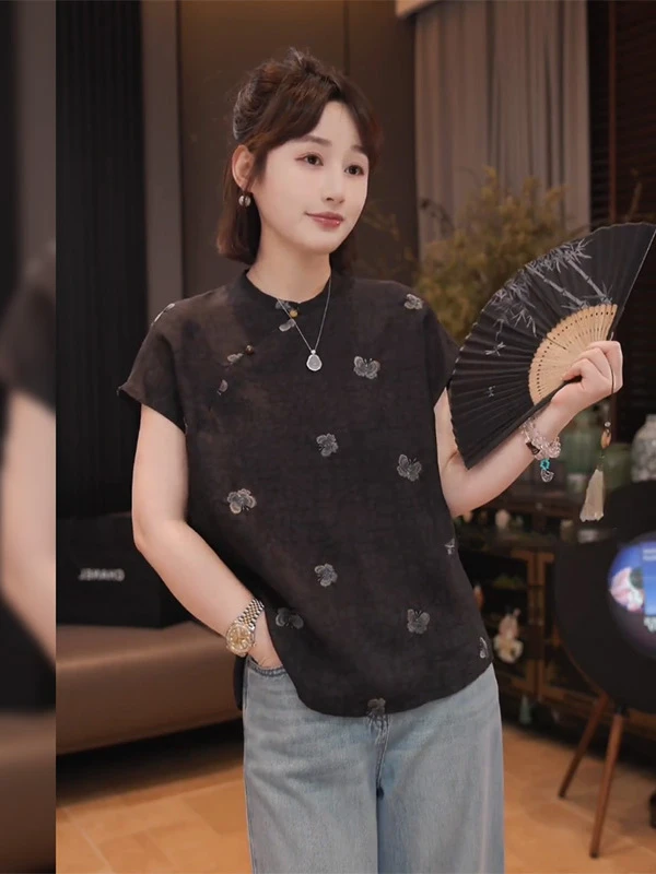 新中式复古国风立领短袖衬衫女2025夏季新款休闲宽松上衣气质女装