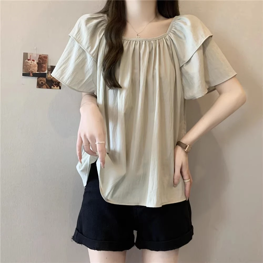 大码法式方领荷叶边小飞袖衬衫女夏季胖妹妹设计感减龄遮肚子上衣
