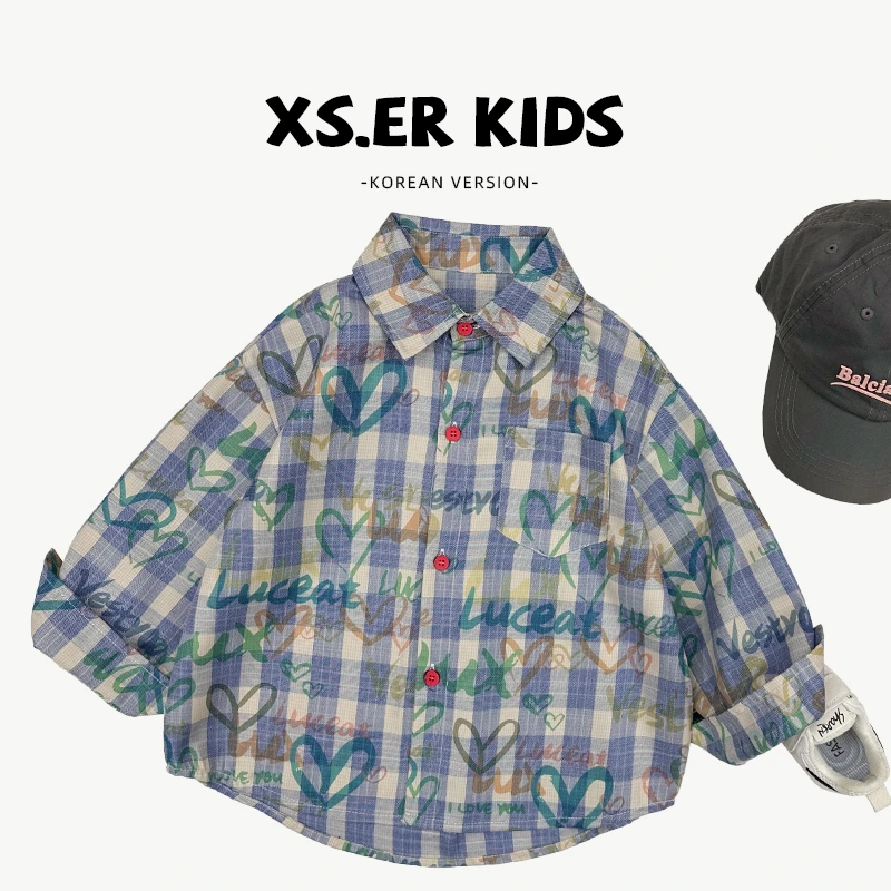 【小首尔】现货-秋男童韩版格子印花满印翻领衬衫外套HBB5777