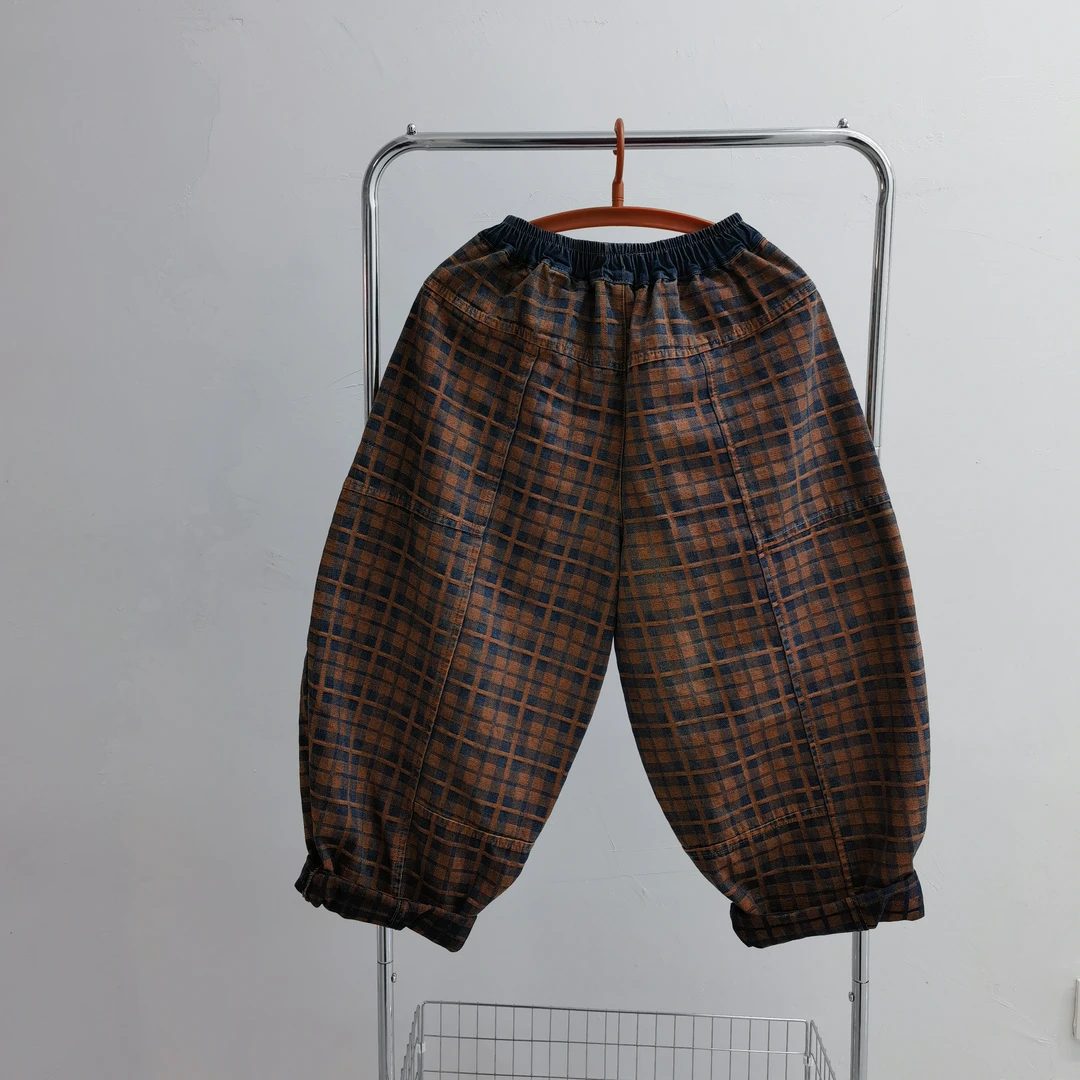 格子文艺风格纹休闲裤时尚韩版洋气百搭长裤中裤拼接老爹裤宽松