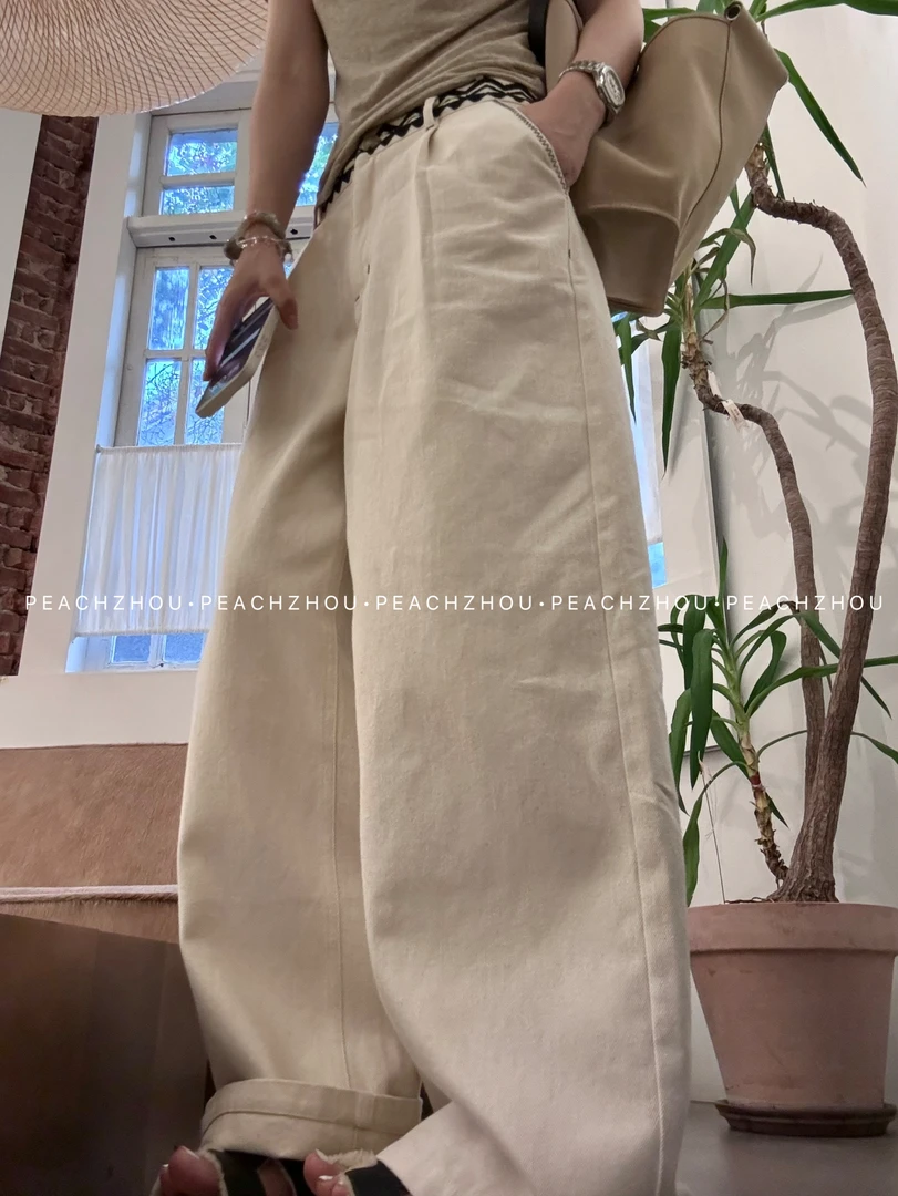 『PEACHZHOU』天然斜纹棉刺绣腰头宽松直筒牛仔裤休闲设计感阔腿裤