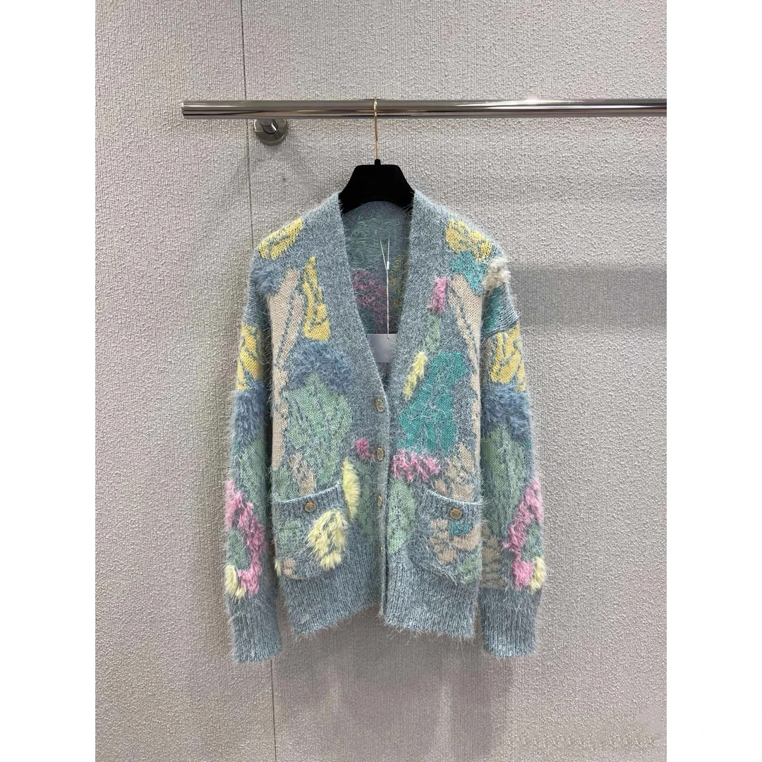 C911-9＃羽饰花卉拼色提花针织开衫