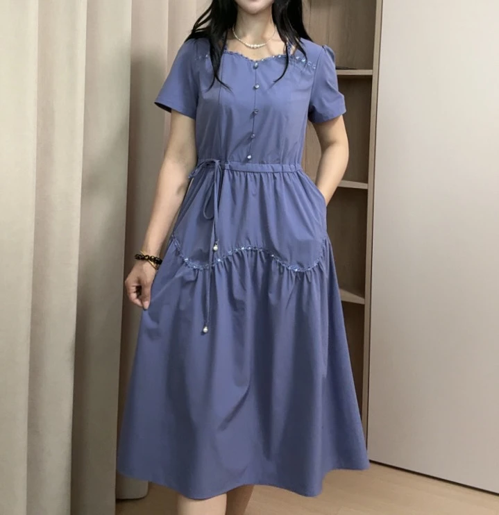 端庄大气短袖连衣裙时尚显瘦收腰中长款优雅气质裙子