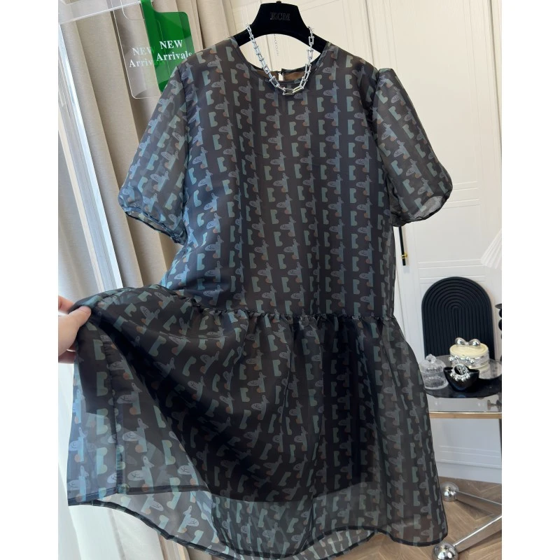 2025夏法式宽松蝴蝶结泡泡袖印花连衣裙女复古洋气减龄小个子裙子